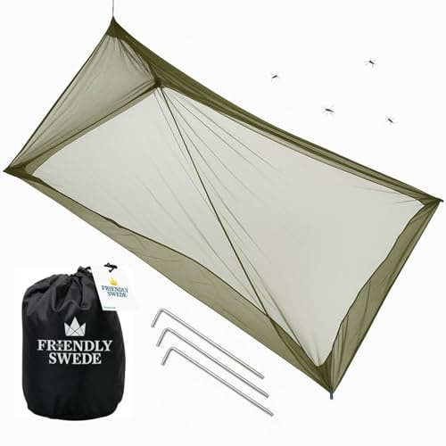 The Friendly Swede Outdoor Mosquito Net — Mosquito Netting for Camping & Bed - Army Green Bug Net with Stuff Sack, 4 Ground Stakes & Adjustable Cord - Single Bug Tent