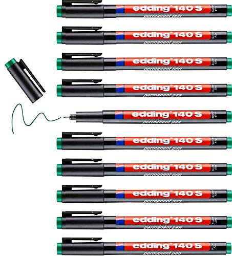 edding 140 S Permanenter Folienschreiber - grün - 10 Stifte - Rundspitze 0,3 mm - Stift zum Schreiben auf Glas, Kunststoff, Folien und glatten Oberflächen - schnelltrocknend, wisch- und wasserfest