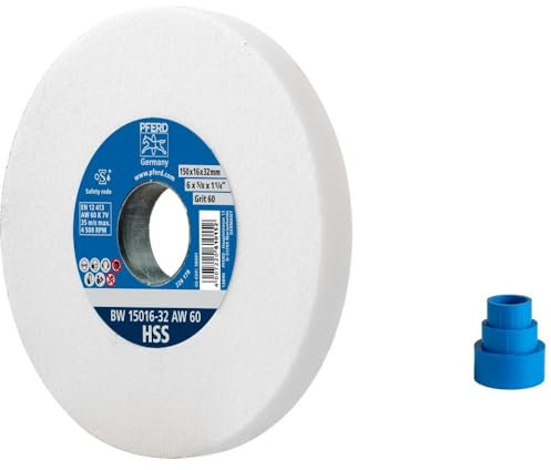 PFERD Schleifbockscheibe HSS, 150x16x32mm, A60, 39008420 – Mittelharte Schleifscheibe zum Schärfen von HSS-Bohrern, mit Reduzierhülsen (25/20/16mm)