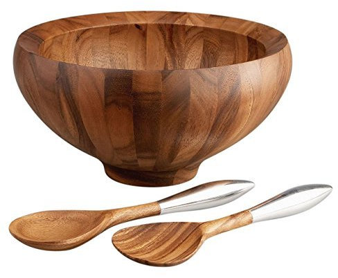 Nambe Saladier Yaro en bois d'acacia avec 2 couverts par Nambe