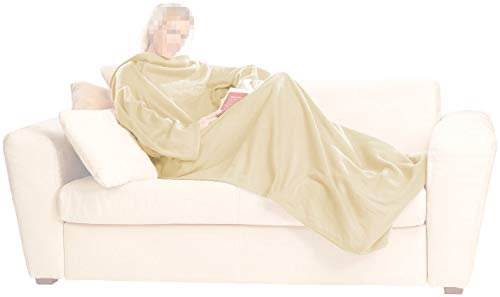 Wilson Gabor Decke mit Ärmel: Fleece-Kuscheldecke mit Ärmeln, Mikrofaser, beige, 150 x 200 cm (Decke zum Reinschlüpfen Erwachsene, Profi Kuscheldecke mit Ärmeln, Wärmflasche)