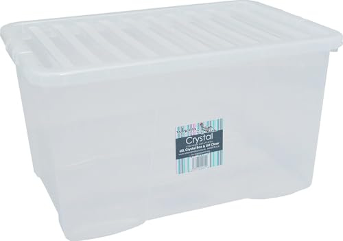 Wham Crystal 3x 60L stackable and nestable clear Plastic Storage Boxes with Lids. Clear, Deep, Strong, Made in the UK dimensions of 60 cm X 40 cm X 33 cm