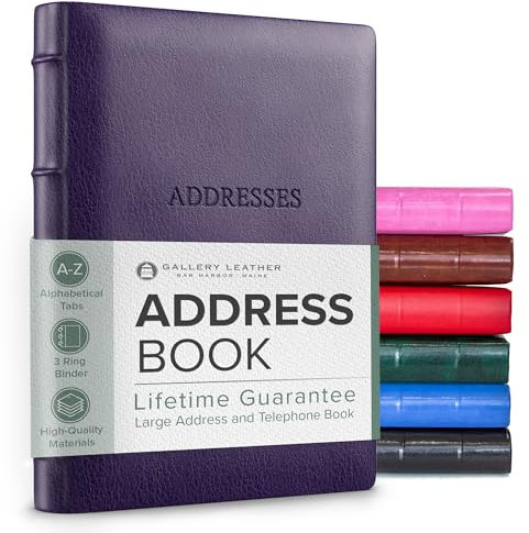 Gallery Leather Großes Adressbuch mit alphabetischen Registerkarten für bis zu 480 Schallplatten, Leder-Notizbuch, Hardcover, Telefon- und Adressbücher – 22,9 x 17,8 cm, Schreibtischadresse, Camden