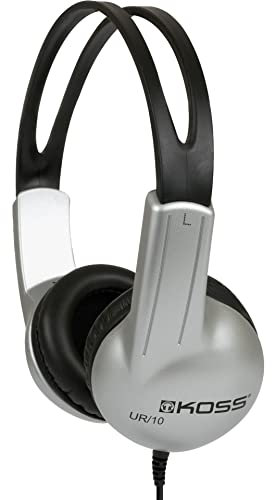 Koss UR10 Auriculares con Cable, Cascos de Diadema Cerrados, Headphones On Ear Ajustables, para Música Calidad de Graves, Jack de 3,5 mm, Negro/Gris