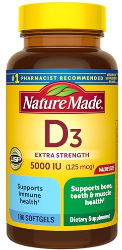 Nature Made Vitamin D3 5000 IU (125 mcg), 180 Vitamin D Softgels