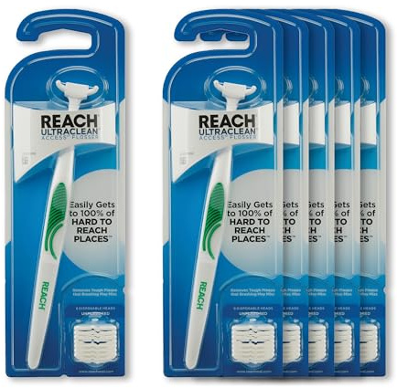REACH Ultraclean Access Flosser Starter Kit, Unflavored, Plaque Remover for Teeth, for Hard to Reach Areas, Oral Care, PFAS Free, 1 Replaceable Flosser & 8 Refill Heads, 6 Pack