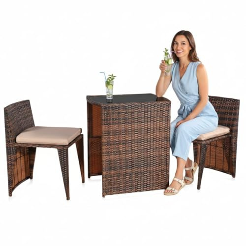 Melko Gartenmöbel Set Balkonmöbel 3-teilig Polyrattan mit Glasplatte Braun | beide Stühle unter die Tischplatte schiebbar, inkl. Kissen mit Bezug in Beige, ideal für kleine Terrassen und Gärten