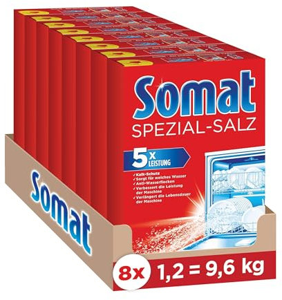 Somat Spezial-Salz (8x1,2 kg), Spülmaschinensalz für weiches Wasser, Wasserenthärter für die Spülmaschine wirkt gegen Kalk für glänzende Ergebnisse