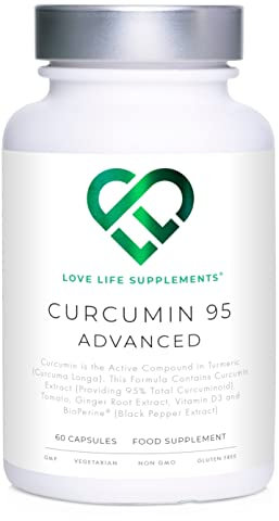 Curcumin 95 Advanced, 60 Capsules, High Strength Curcumin (The Active Component of Turmeric) with 95% Curcuminoids + BioPerine® (Black Pepper Extract), Vitamin D, Tomato and Ginger Root, GMP Approved