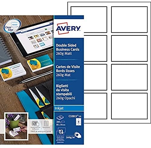 Avery Italia C32015-25 Biglietto da Visita, Stampabile Fronte/Retro, 8 Biglietti per Foglio, Confezione da 25 Pezzi, Bianco