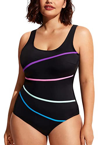 DELIMIRA Costume da Bagno Taglie Forti Scollo Rotondo Imbottito Costume Intero Donna Nero 42