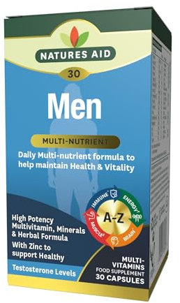 Natures Aid Men's Multi-Vitamins and Minerals Capsules (29 Essential Vitamins and Minerals + Superfood Complex, 30 Capsules, Suitable for Vegetarians, Made in the UK)