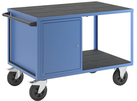 eurokraft | Montagewagen | Tragfähigkeit 500 kg | 1 Schrank Links | Arbeitsfläche aus Kunststoff | lichtblau RAL 5012