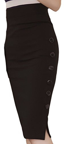 TEERFU Womens Slim Pencil Skirt Bodycon Stretch High Wiast Knee Length Skirt, Black, UK 12-14 (Asia size tag XL) Waist 29.9 inch