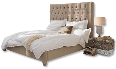 Loberon Bett Benton, im Chesterfield-Stil, gepolstertes Kopfteil mit Polsternägeln, Elegantes Design, Schlafzimmermöbel, Doppelbett, Furnierschichtholz, Polyester, leinen