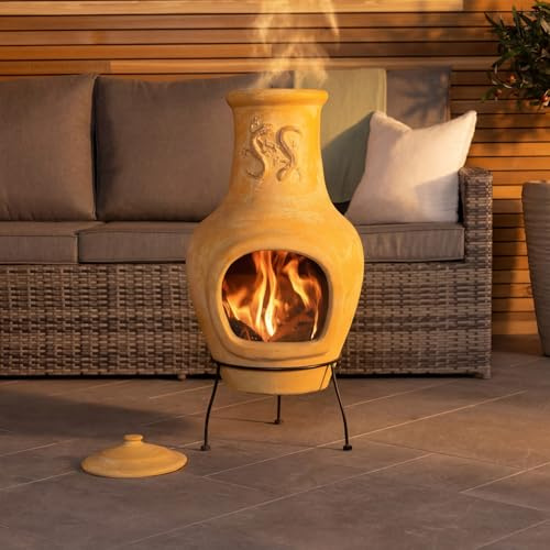 CHARLES BENTLEY Cheminée Mexicaine en Argile Terracotta, Grande Taille, Design lézard, Chauffe-terrasse avec Support Acier, Usage extérieur, résiste aux intempéries (80x40cm)