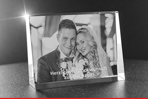 VIP-LASER 2D Gravur Glas Kristall Flachglas selbststehend Querformat mit Deinem Hochzeitsfoto. Dein Wunschfoto für die Ewigkeit Mitten in Glas! Groesse L = 80x60x24mm