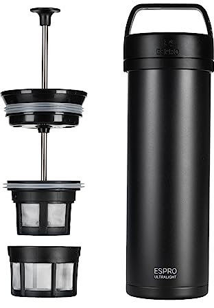 ESPRO – P0 Ultralight – Französische Kaffeepresse für Einzelportionen und leichte Trinkflasche für Reisen, Camping und den täglichen Gebrauch, Edelstahl, vakuumisoliert, 16 oz (Matte Meteorite Black)