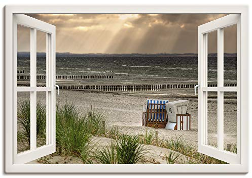 ARTLAND Wanddeko Leinwand Bilder Wandbild Fensterblick Fenster Strand Düne Meer Maritim Strandkorb Küste Insel T6AM