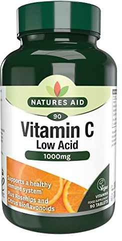 Natures Aid Low Acid Vitamin C 1000mg – High Strength Immune Support, Antioxidant Protection – Gentle on Stomach – Supports Collagen, Skin, Energy & Iron Absorption – Vegan - 90 Tablets
