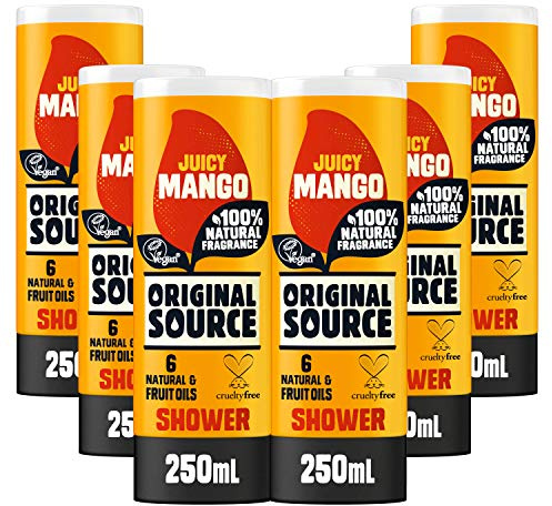 Original Source Gel de ducha Mango con fragancia 100% natural, gel de ducha vegano, sin parabenos, limpiador corporal para ducha, multipack de 6 x 250 ml