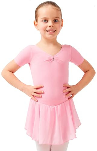 tanzmuster ® Ballettkleid Mädchen Kurzarm - Betty - aus Baumwolle mit Glitzersteinen und Chiffon Röckchen in rosa, Größe:128/134