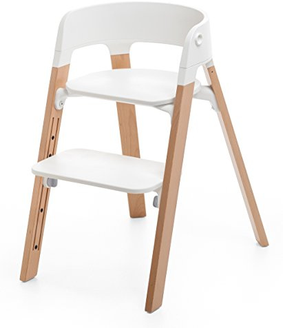 Stokke Steps Stuhl – Beine Natural & Sitz White – 5-in-1 Sitzsystem – Verwandelbar in den Newborn + Kleinkind Hochstuhl – Für diverse Altersstufen oder bis 84 kg – Werkzeuglos verstellbar & stylish
