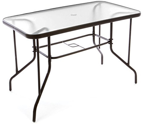 Nexos Bistrotisch eckig Balkontisch mit durchsichtiger Glasplatte und Schirmständerloch 4 cm Gartentisch Glastisch 110 x 60 x 72 cm wetterfest brauner Stahlrahmen