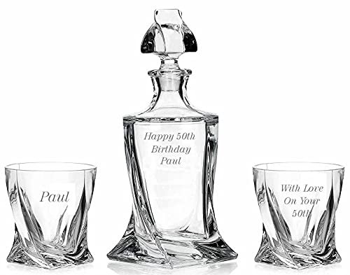 Personalised Decanter Crystal Whisky Decanter Set with 2 Glasses Supplied in a Gift Box - Enter Your Own Custom Text