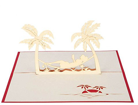 Urlaub - Klappkarte / 3D Pop-Up Karte - Hängematte zwischen Palmen - Reise-Gutschein, Urlaubskarte, Geschenkkarte, Grußkarte zum Ruhestand