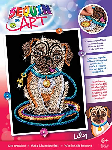 MAMMUT 8011502 - Sequin Art Paillettenbild Mops, Hund, Steckbild, Komplettset mit Styropor-Rahmen, Bildvorlage, Pailletten, Steckstiften, Anleitung, Bastelset für Kinder ab 6 Jahre