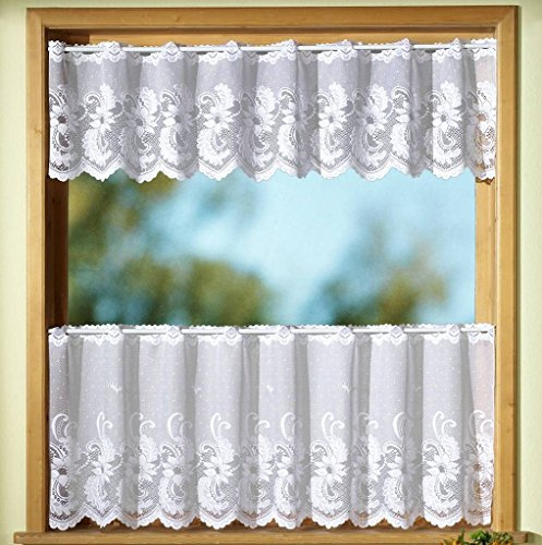 heimtexland Scheibengardine als Set mit handgebogter Blumen Bordüre aus edlem Jacquard in weiß durchscheinend HxB 30/50 x 145 cm Bistrogardine Fensterdeko Gardine Typ72