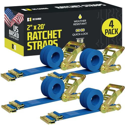 DC Cargo Mall E Track Ratchet Straps Cargo Tie-Downs, (Pack of 4) 2 x 20 Heavy Duty Blue Tie-Down Rachet Straps, Strong Ratchet Strap, E Track Spring Fittings, Tie Down Motorcycle