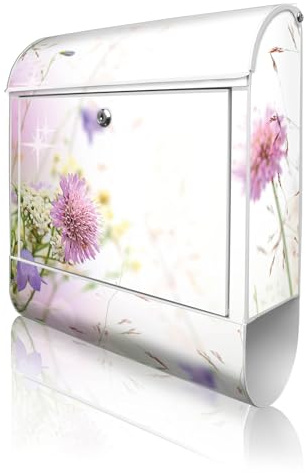 banjado Design Briefkasten 38,5x46,5x13cm & 2 Schlüssel - Briefkasten Stahl Weiß mit Zeitungsfach pulverbeschichtet - Postkasten A4 Einwurf inkl. Montagematerial - Motiv Glitzernde Wiese