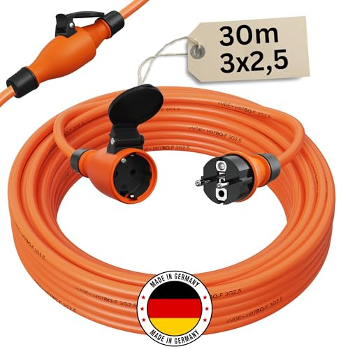 Verlängerungskabel 30 Meter IP54 Außen Verlängerung 30m Stromkabel Außenbereich Kabel Strom Verlaengerungskabel Gummikabel H07BQ-F 3x2,5 Schuko Outdoor Extension Cord