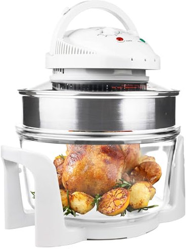 Andrew James Halogen Oven Cooker 12l – 17l 1400W | Glass Air Fryer with Turbo Wash and Included Accessories | Halogen Oven Cooker with Extender Ring & Replacement bulb (WHITE)