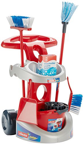 Theo Klein 6721 Vileda Besenwagen I Die Garnitur mit robustem Zubehör inkl. Wischmop, Eimer, Besen u.v.m. I Maße: 36 cm x 46 cm x 53 cm I Spielzeug für Kinder ab DREI Jahren