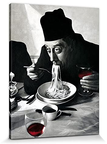 1art1 Kochkunst Poster Spaghetti, Rotwein, Don Camillo Bilder Leinwand-Bild Auf Keilrahmen | XXL-Wandbild Poster Kunstdruck Als Leinwandbild 80x60 cm