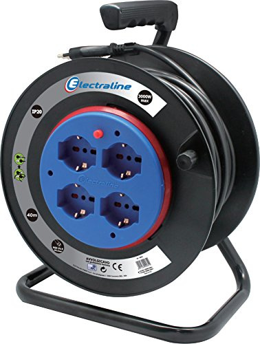 Electraline 49032 Alargador eléctrico con enrollacables de Tambor Fijo 40 m, 4 Tomas polivalentes (Schuko + 10/16 A) Enchufe Grande 16 A, con protección – Sección Cable 3 G1,5 mm² Negro
