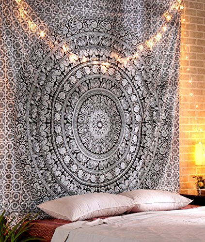 RAJRANG Tapisserie Murale Mandala - Noire - Tenture Mural Hippie Tapestry Grande Taille De Plage Éléphant Imprimée À La Main Coton Pour La Décoration Des Chambres - Noir/Blanc - 229cm X 214cm