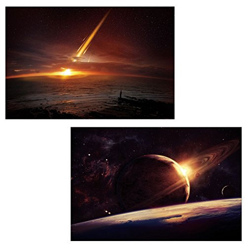 Mendler 2er-Set LED-Bild Leinwandbild Leuchtbild Wandbild 40x60cm, Timer - Planet
