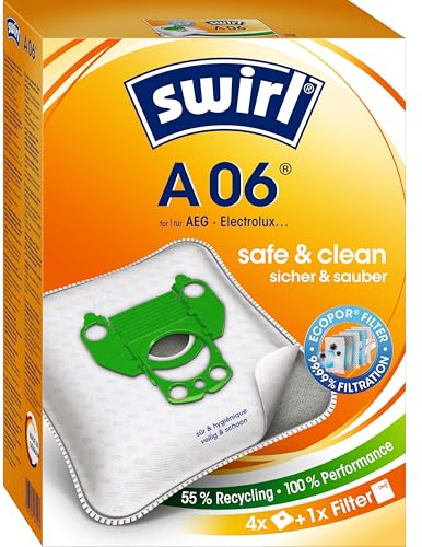 Swirl A 06 EcoPor Staubsaugerbeutel (4 Beutel), reißfeste Staubbeutel für einige AEG, Electrolux, Progress & Volta Staubsauger, 99,9 % Filterung von Hausstaub & allergenem Feinstaub