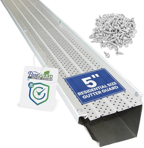 FlowGuard Gutter Guard, USA Made Professional DIY 5 Inch 50-Year Gutter Cover Leaf Protection System - White - Aluminum - 102 Feet - by FlexxPoint