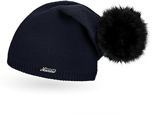 Neverless® außergewöhnliche Damen Strickmütze mit Fell-Bommel, Strick-Beanie
