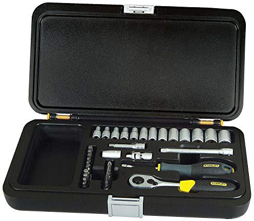 STANLEY 1-94-672 Coffret A Douilles + Cliquet 72 Dents 1/4 - Angle De Reprise 5° - Cardan Universel - Porte-Embouts Magnétique - Rallonges - Jeu De 35 Pièces