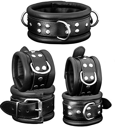 HQ Bondage BDSM Leder Set Fesselset gepolstert schwarz | High Quality BDSM Leder Fesselset mit Leder Handfesseln, Leder Fußfesseln und einem Leder Halsband , TOP QUALITÄT