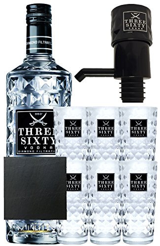 Three Sixty Vodka 3,0 Liter Geschenkset mit 6 Gläsern und Pumpe