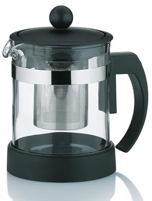 kela Teekanne Auron, Durchmesser 10,5 cm, 0,7 L, Glas, schwarz, hitzebeständiges Glas, Siebeinsatz aus Edelstahl, Griff / Deckel / abnehmbares Boden-Element aus Kunststoff, 11457