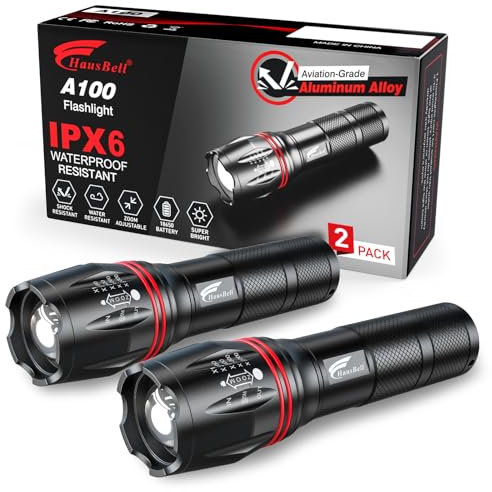HAUSBELL LED Taschenlampe 2000 Lumen (2 Stück), Superhelle Taschenlampe mit 5 Modi, Zoom-Funktion, Batteriebetrieben, Wasserfest – Taktische Taschenlampe für Camping, Wandern & Notfälle (Schwarz)