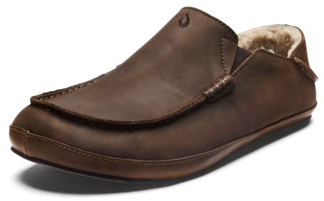 OLUKAI Moloa Slipper, Men's Premium Leather Slip-On Shoes, Soft Genuine Shearling Lining & Gel Insert, Drop-In Heel & All-Day Comfort, Dk Wood/Dk Wood, 9